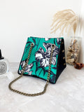 Black canvas button cube bag - green floral sketch
