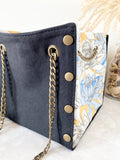 Black canvas button cube bag - lotus flowers