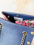 Blue leather button cube bag - red floral