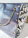 Black textured leather button cube bag - ikat print