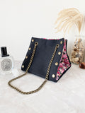Black canvas button cube bag - pink floral