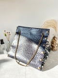 Black textured leather button cube bag - ikat print