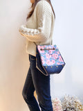 Blue leather button cube bag - cherry blossoms