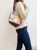 Brown leather button cube bag - Yellow floral