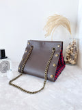 Brown leather button cube bag - red plaid