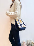 Blue leather button cube bag - blue sunflowers