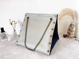 Light grey leather button cube bag - blue denim