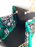 Black canvas button cube bag - green floral sketch