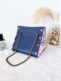 Blue leather button cube bag - cherry blossoms