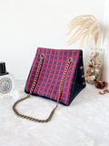 Black canvas button cube bag - red plaid