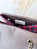 Brown leather button cube bag - red plaid