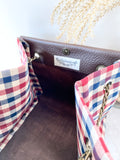 Brown leather button cube bag - red blue checkers