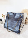 Black textured leather button cube bag - snake skin print