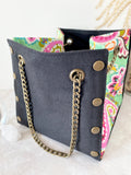Black canvas button cube bag - green paisley print
