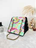 Black canvas button cube bag - green paisley print