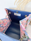 Blue leather button cube bag - cherry blossoms