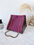 Brown leather button cube bag - red plaid