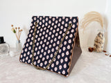 Brown leather button cube bag - paisley dots
