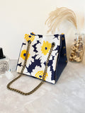 Blue leather button cube bag - blue sunflowers