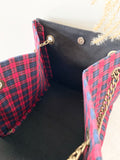 Black canvas button cube bag - red plaid