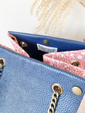 Blue leather button cube bag - red lace