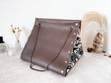 Brown leather button cube bag - ikat print