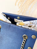 Blue leather button cube bag - lotus flowers