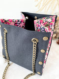 Black canvas button cube bag - pink floral