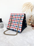 Black canvas button cube bag -red blue checker