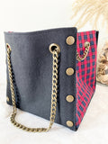Black canvas button cube bag - red plaid
