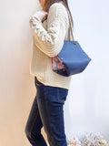 Blue leather button cube bag - cherry blossoms