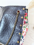 Black textured leather button cube bag - daisies