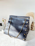 Black textured leather button cube bag - paisley print