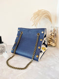 Blue leather button cube bag - blue sunflowers