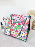 Black textured leather button cube bag - daisies