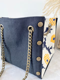 Black canvas button cube bag - yellow sunflowers