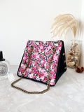 Black canvas button cube bag - pink floral