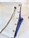 Light grey leather button cube bag - white and pink dots