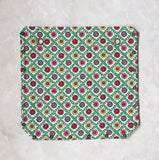 Brown leather button cube bag - green floral tiles