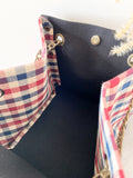 Black canvas button cube bag -red blue checker