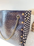 Black textured leather button cube bag - paisley print