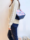 Blue leather button cube bag - cherry blossoms