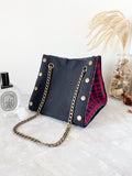 Black canvas button cube bag - red plaid