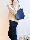 Blue leather button cube bag - lotus flowers