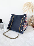 Black canvas button cube bag -red blue checker