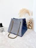 Blue leather button cube bag - woven chevron stripes