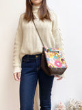 Brown leather button cube bag - Yellow floral