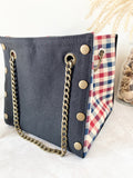 Black canvas button cube bag -red blue checker