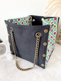 Black canvas button cube bag - green flower tiles