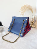 Blue leather button cube bag - red plaid